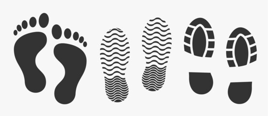 Black unique human footprints set isolated on white. Vector