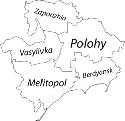 White flat vector map of raion areas of the Ukrainian administrative area of ZAPORIZHIA OBLAST, UKRAINE with black border lines and name tags of its raions
