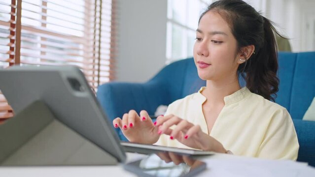 Video call group of business people meeting on virtual workplace or remote office.Remote work,virtual meeting and Online Video Conference Interview Call concept.Manager talking online with coworkers