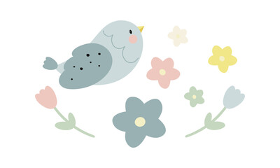 Set with flowers and bird. Vector illustration. Cartoon style.