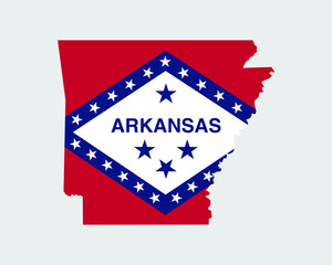 Arkansas Map Flag. Map of Arkansas, USA with the state flag of Arkansas. United States, America, American, United States of America, US, AR State banner. Vector illustration.