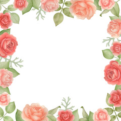 Watercolor hand drawn floral frame of roses and delicate leaves. Illustration isolated on a white background. Lovely pink and orange flowers, square botanical background. Wedding flower illustration.