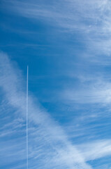 flying jet leaves a trail in the blue sky