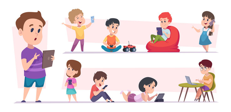 Smart Kids With Gadgets. Young Teenager Playing And Studying Using Smartphones Pc Tablets And Laptop Addiction Electronic Devices Exact Vector Cartoon Illustration