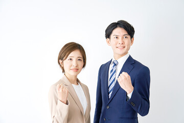 ビジネスウーマンとビジネスマン　ガッツポーズ　白背景