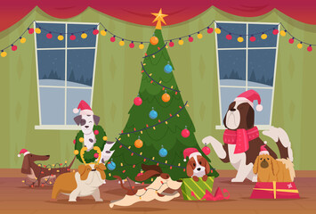Christmas background. Cute funny animals dogs preparing to new year decorate the christmas tree exact vector illustration