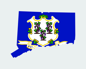 Connecticut Map Flag. Map of CT, USA with the state flag. United States, America, American, United States of America, US State banner. Vector illustration.