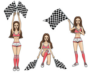 A girl with a checkered flag at the start and finish of the race.
