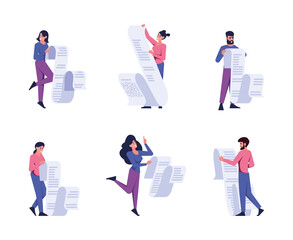 People with papers. Checklists business documents persons subscribe contracts partnership characters enterpreneurs garish vector templates in flat style