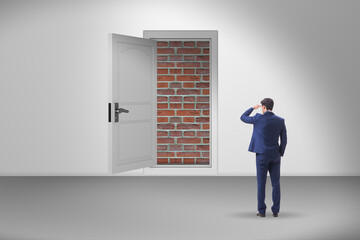 Businessman facing no exit with brick door