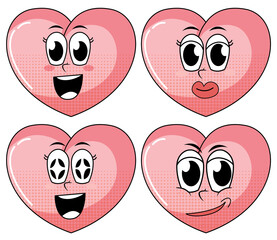 Set of facial expression vintage style heart cartoon on white background