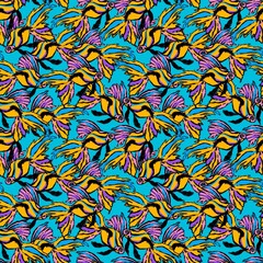 Tropical fishes on a blue background. Seamless pattern. Exotic sea fish.