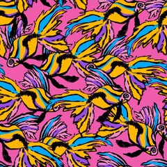 Tropical fishes on a pink background. Seamless pattern. Exotic yellow fishes.
