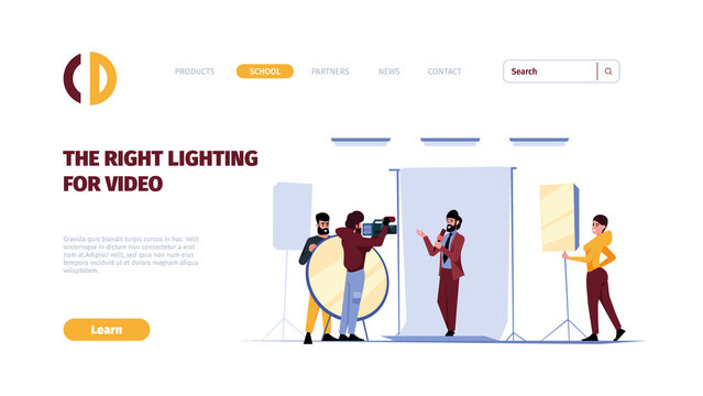 Installing electricity landing. Engineers in uniform decorated interior with bulbs garish vector web page template with place for personal text