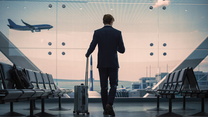 Airport Terminal: Businessman with Rolling Suitcase Walks, Uses Smartphone App for e-Business. Back...