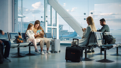 Airport Airplane Terminal: Cute Mother and Little Daughter Wait for their Vacation Flight, Play...