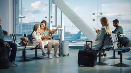 Airport Airplane Terminal: Cute Mother and Little Daughter Wait for their Vacation Flight, Play...