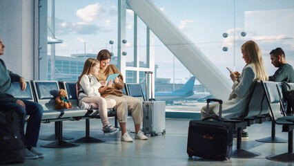 Airport Terminal: Cute Mother and Little Daughter Wait for their Vacation Flight, Play Educational...