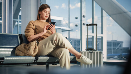 Airport Terminal: Woman Waits for Flight, Uses Smartphone, Browse Internet, Social Media, Online...