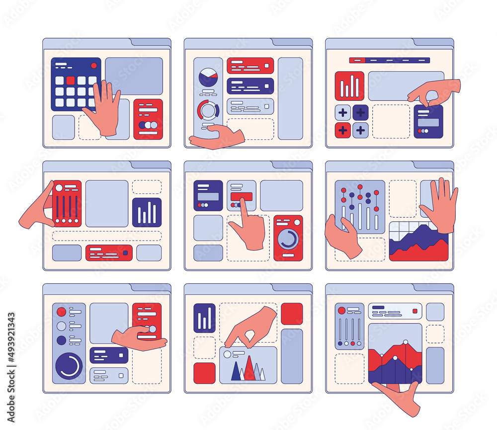 Poster Build interface. Hands holding different ui geometrical elements application construction garish vector web page design concept