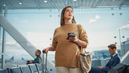 Airport Terminal: Happy Traveling Caucasian Woman Waiting at Flight Gates for Plane Boarding, Uses...