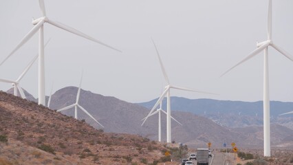 Windmills turbine rotating, wind farm or power plant, alternative green renewable energy...