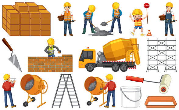 Construction worker set with man and tools