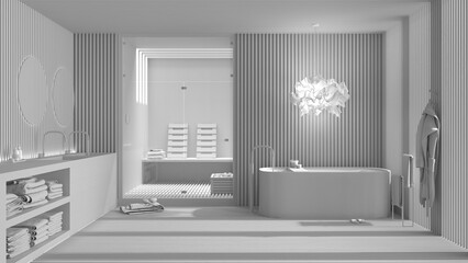 Fototapeta na wymiar Total white project draft, spa bathroom, sauna room with glass doors, freestanding bathtub, washbasin with round mirror, pendant lamp, towels and bathrobe, interior design concept