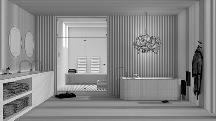Unfinished project draft, spa bathroom, sauna room with glass doors, freestanding bathtub, washbasin with round mirror, pendant lamp, towels and bathrobe, interior design concept