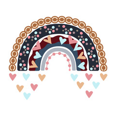 Funny rainbow in abstract scandinavian style. Childish design for birthday invitation or baby shower, clothes, poster, postcard or nursery wall painting.