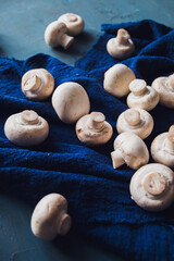 Fototapeta na wymiar Fresh white champignons on a blue napkin. Kitchen, cooking, recipes. Mushrooms, ingredient.
