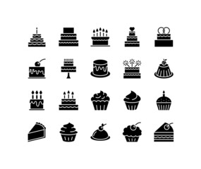 Cake flat line icons set. Sweet dessert of birthday baking, wedding cake, cup cake. Simple flat vector illustration for web site or mobile app