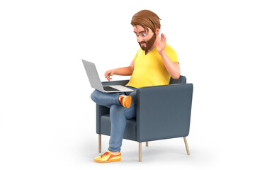 Fototapeta na wymiar Man looks at laptop in his hands while sitting in a comfortable chair. 3D illustration