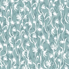 Seamless vector pattern of fused floral elements superimposed on each other. White and pastel blue colors.