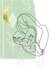 Print, poster of delicate colors, abstract shapes, a linear drawing of one mother and child, a woman with a baby, mom kisses her son or daughter, sketch, black, vector illustration, background.