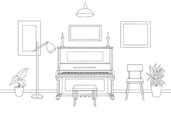 Hand drawn vector drawing of the interior of a room with a piano, chairs and picture frames in outline style