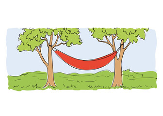 Colorful hand drawn vector drawing of a red hammock hanging between two trees in a outdoor scenery