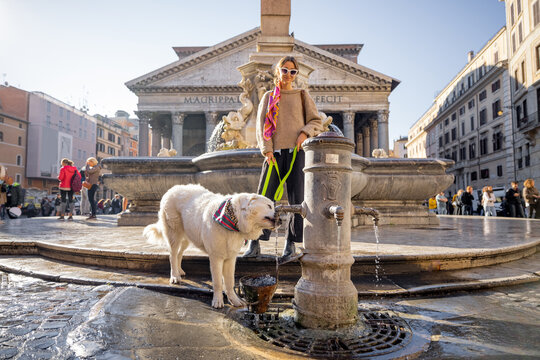 Woman with her dog drinking water from the street fountain near Pantheon in Rome. Style caucasian woman with Italian shepherd dog traveling Rome. Concept of drinking fountains in the city