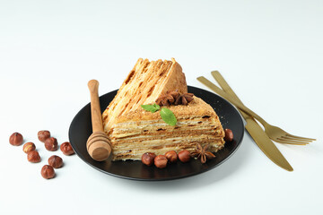 Concept of tasty dessert with honey cake, close up