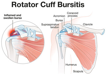 Rotator Cuff Bursitis Shoulder Illustration. Labeled - obrazy, fototapety, plakaty
