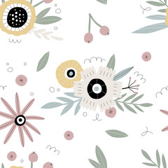 Materiał do szycia Seamless pattern with flowers, berries and leaves. Great for fabric or wrapping paper