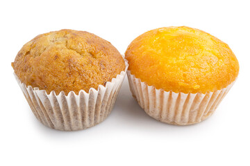 Banana and Lemon Cup Cakes are 2 types of cup cakes prepared by using bananas and lemon as the main ingredient and common cake mix isolated on white background. Clipping path.