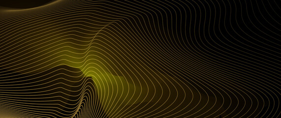 Vector abstract art with gold, yellow wave line pattern, light shiny and texture on dark, black color background. Illustration luxury, modern graphic design golden metal for wallpaper, banner template