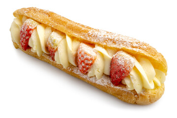 Choux Cream in long shape with whipped cream cheese, topped with fresh strawberries, famous sweets isolated on white background. Clipping path