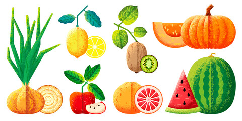 Flat cut fruits. Vegetable slices, fresh vegan food. Harvest elements, isolated textured plants. Onion, pumpkin, lemon and watermelon swanky vector set