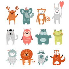 Scandinavian animal. Nordic design animals, nursery forest woodland characters. Modern kids stickers, wild fox, rabbit. Drawing lion and frog, classy vector set