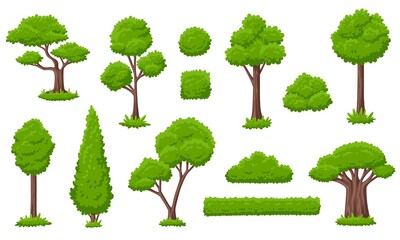 Fototapeta premium Forest green tree collection. Ecology trees, garden group bushes. Variety simple cartoon nature, gardening plants. Eco, environment garish vector elements
