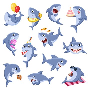 Cute sharks set. Underwater sharks, marine cartoon animals. Sea danger, funny fish life. Wild ocean characters with baby, cake and balloons garish vector clipart
