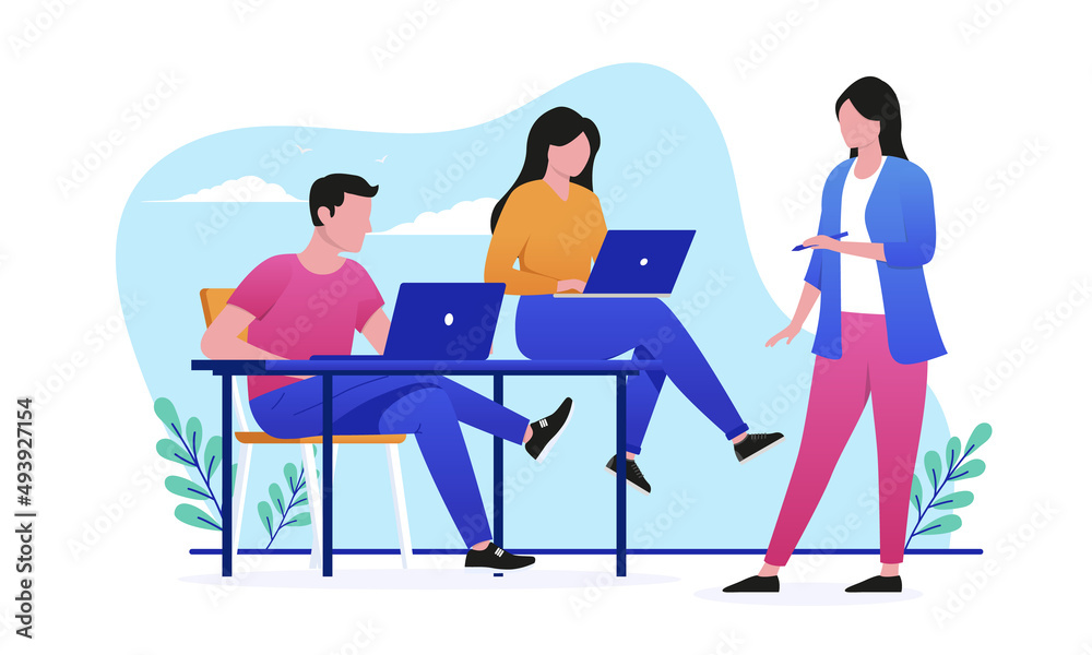 Poster small team in casual clothes working - man and two woman doing work with computers. flat design vect