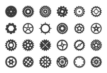 Cog gears elements. Mechanical cogs symbol, geometric machinery icons. Engineering wheels, abstract industrial cogwheel exact vector collection